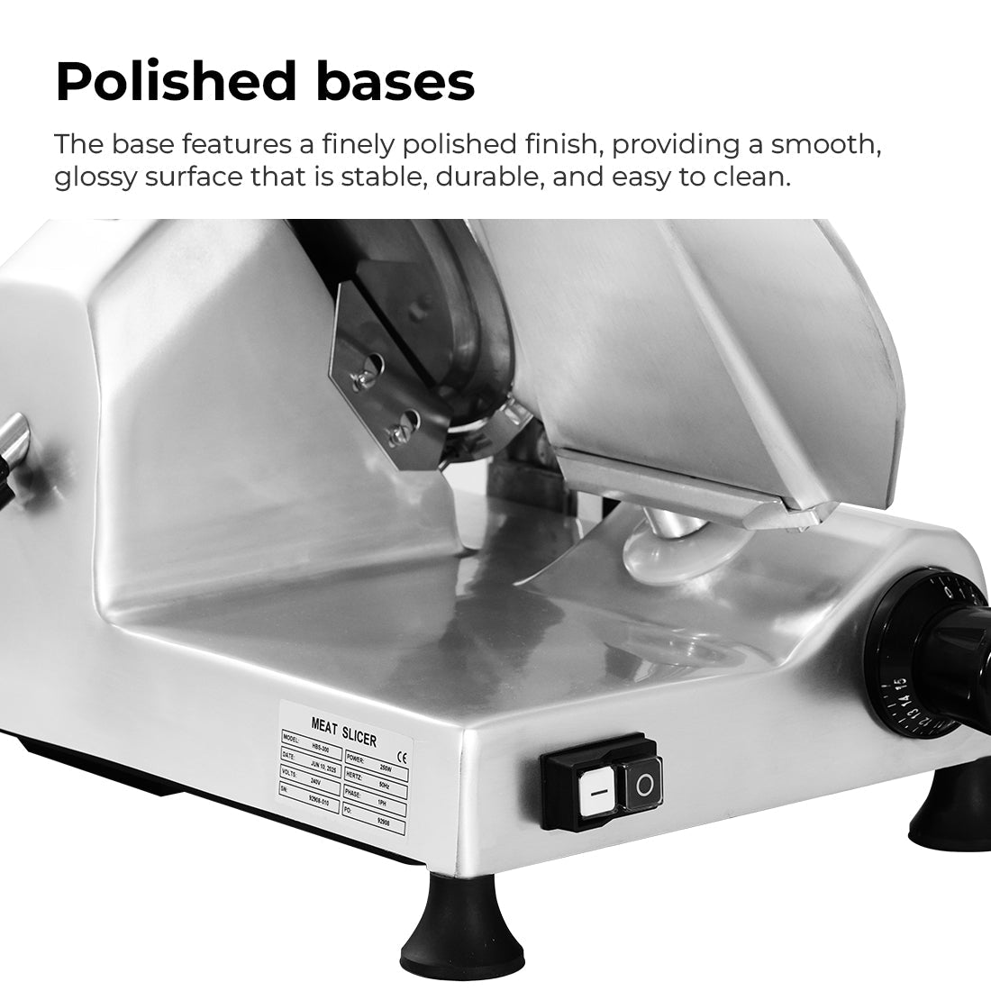Yasaki HBS-300 meat slicer — side view showing benchtop footprint