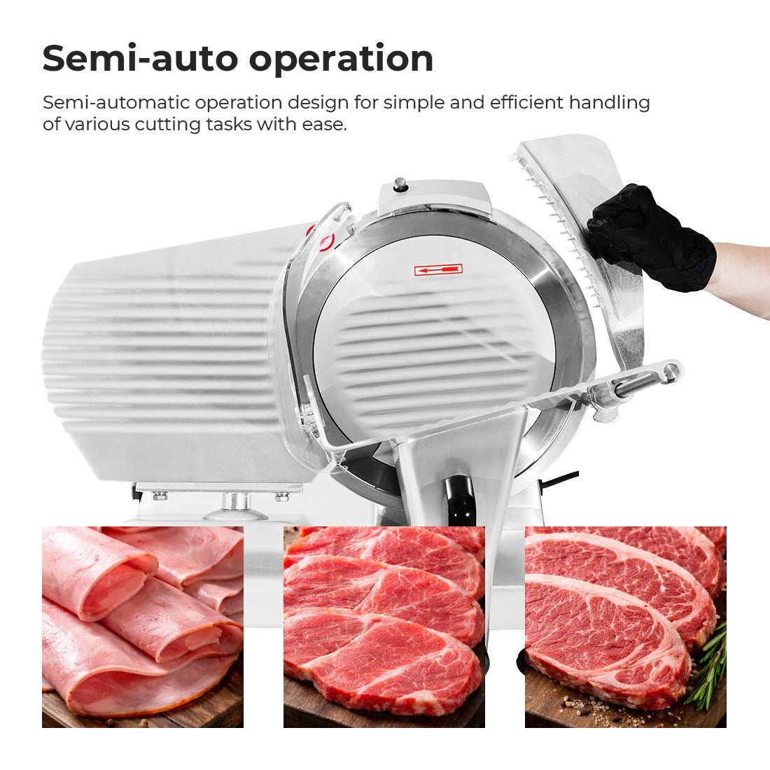 Yasaki HBS-300 meat slicer — carriage with frozen meat being sliced